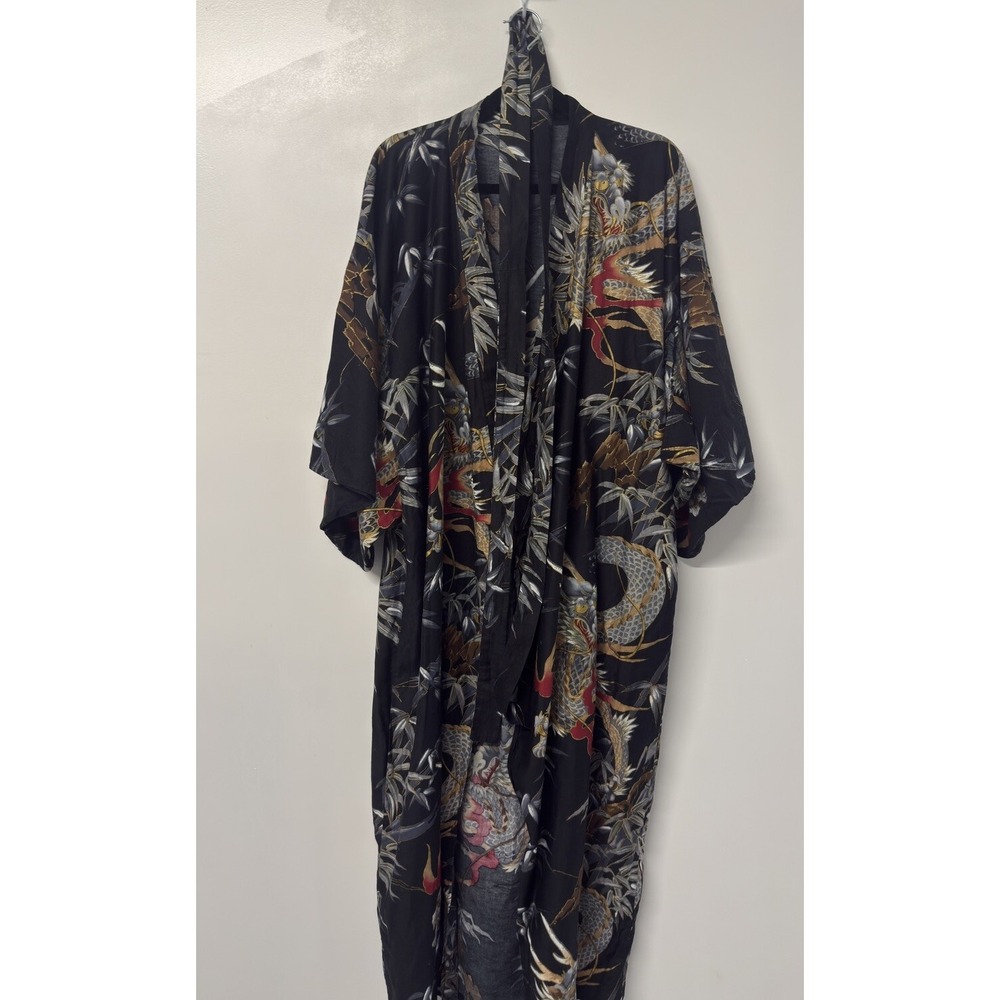 Japanese HAORI Robe DRAGON & BAMBOO Cotton Gold Detail Rich Colors #3 - Picture 3 of 12